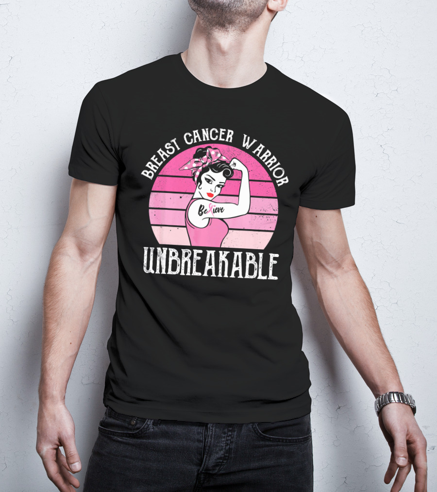 Breast Cancer Warrior Believe Unbreakable Retro Sunset T-Shirt