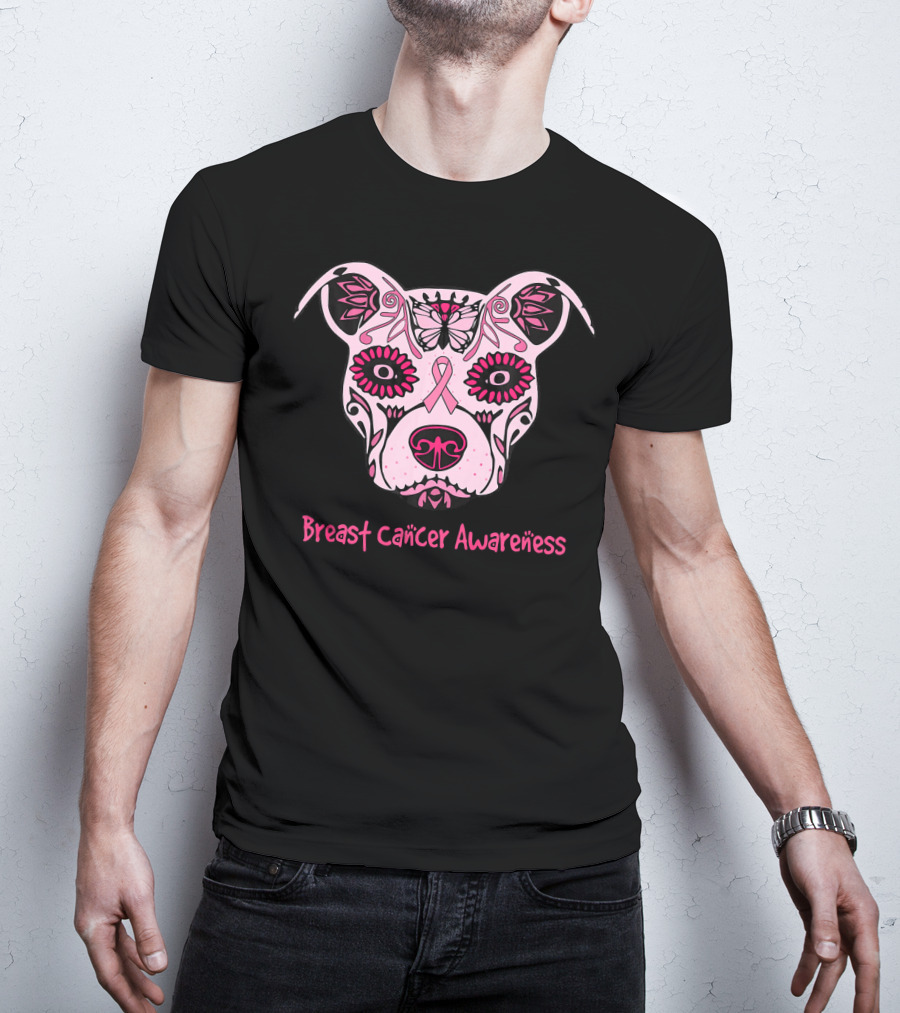 Sugar Pitbull Dog Breast Cancer Awareness Pink Ribbon T-Shirt