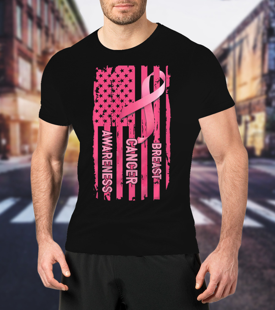 American Flag Pink Ribbon Breast Cancer Awareness T-Shirt