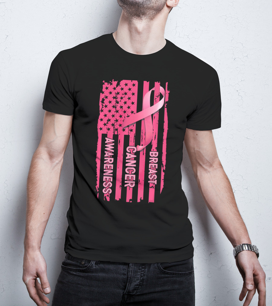 American Flag Pink Ribbon Breast Cancer Awareness T-Shirt