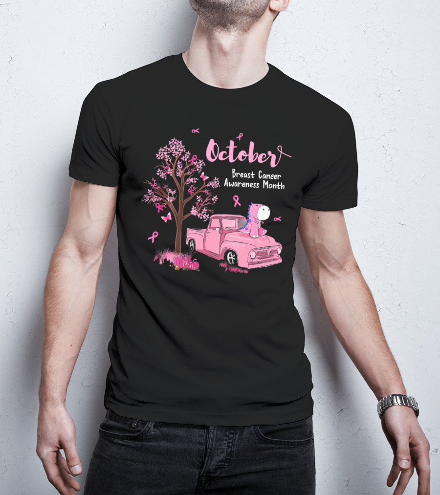 October Pink Ribbon Pumpkin Truck Dinosaur Breast Cancer Awareness Month T-Shirt