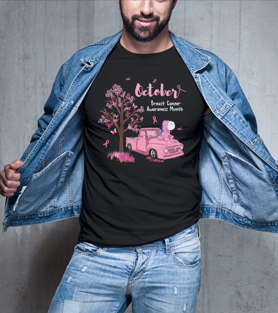 October Pink Ribbon Pumpkin Truck Dinosaur Breast Cancer Awareness Month T-Shirt