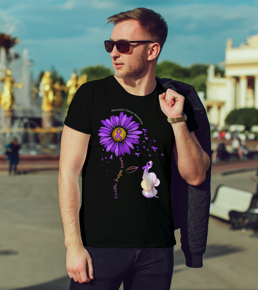 Faith Hope Cure Purple Daisy Flower Pancreatic Cancer Awareness T-Shirt