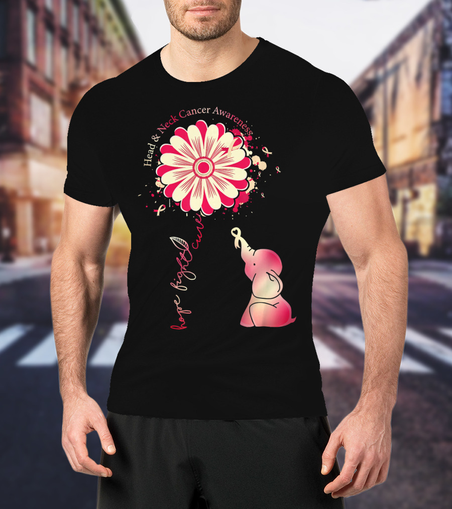Head And Neck Cancer Awareness White And Burgundy Ribbon Hope Fight Cure Elephant Flower T-Shirt