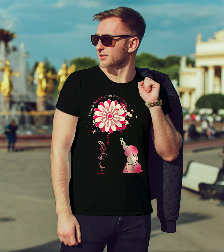 Head And Neck Cancer Awareness White And Burgundy Ribbon Hope Fight Cure Elephant Flower T-Shirt