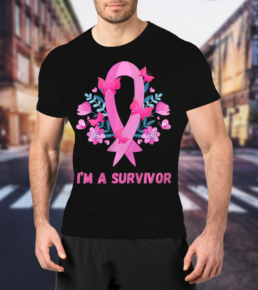 I'm A Survivor Pink Ribbon Butterfly Floral Breast Cancer T-Shirt