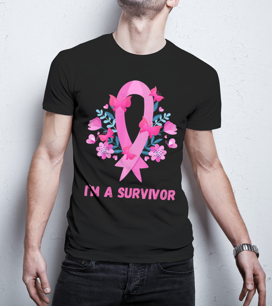 I'm A Survivor Pink Ribbon Butterfly Floral Breast Cancer T-Shirt