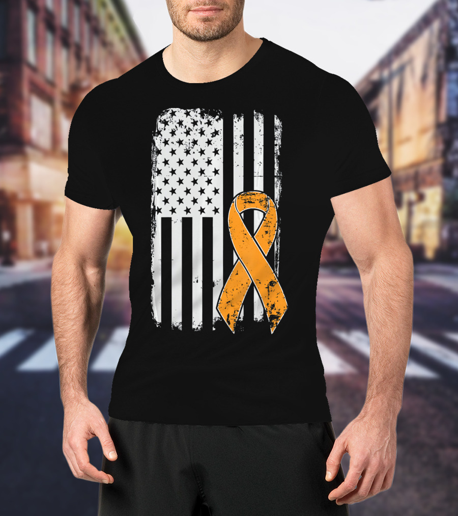 Leukemia Cancer Awareness Vintage US Flag Orange T-Shirt