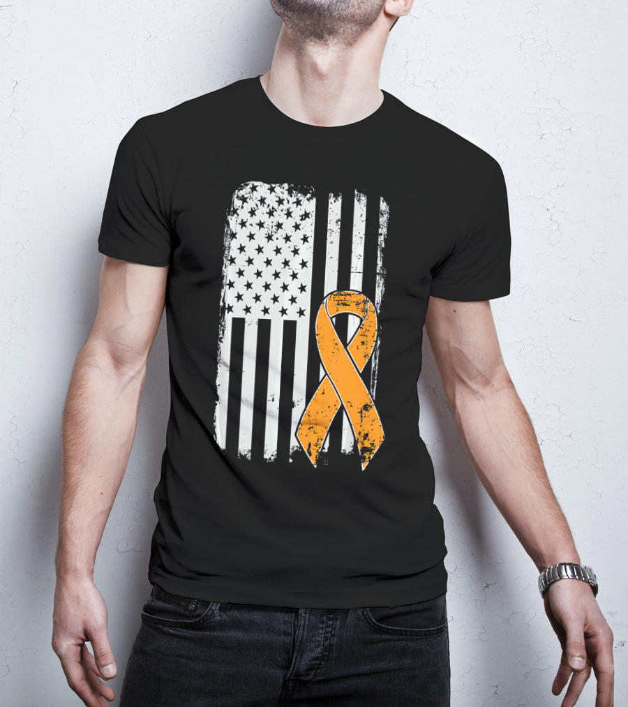 Leukemia Cancer Awareness Vintage US Flag Orange T-Shirt