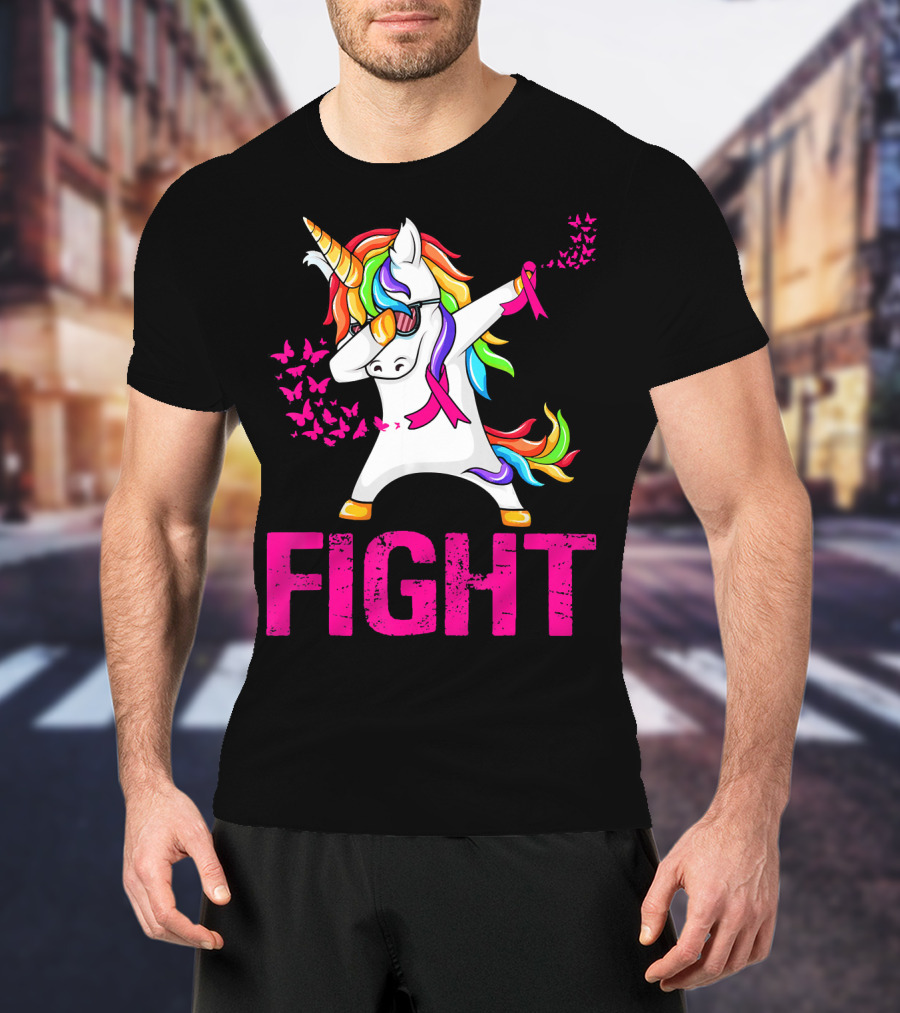 Fight Breast Cancer Awareness Unicorn Dabbing With Rainbow Mane And Butterflies T-Shirt