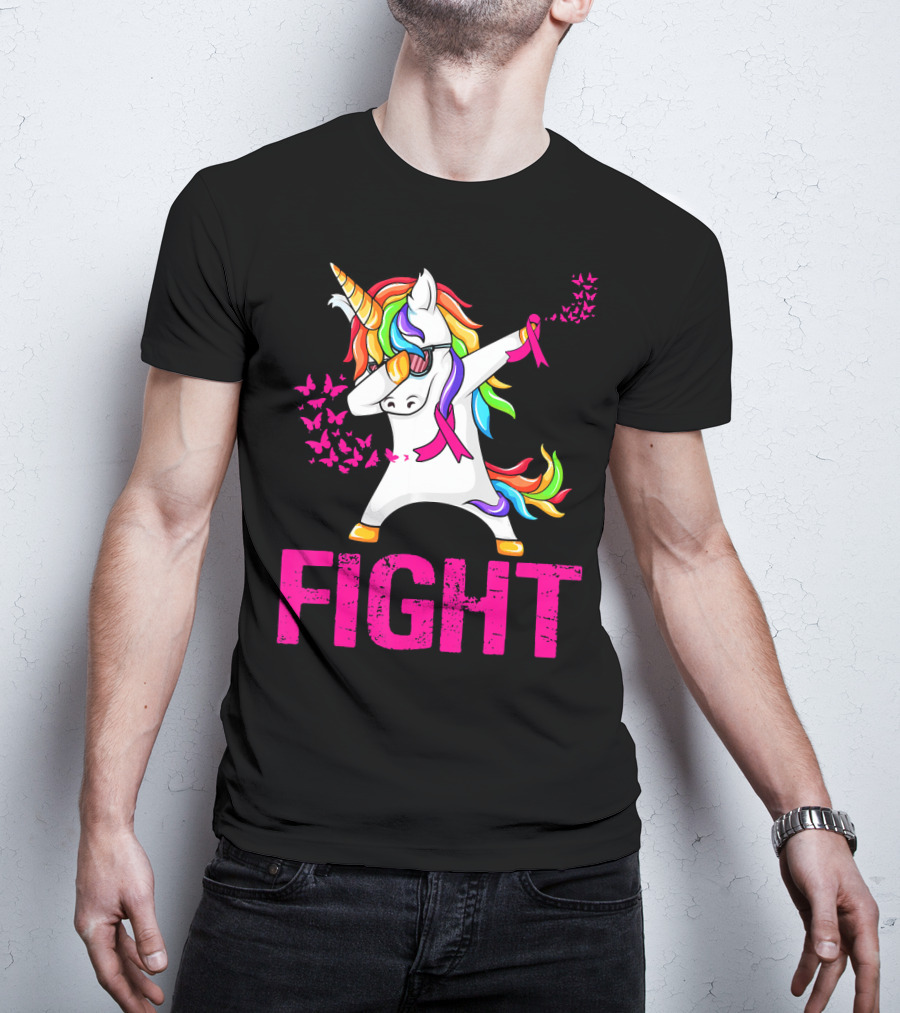 Fight Breast Cancer Awareness Unicorn Dabbing With Rainbow Mane And Butterflies T-Shirt