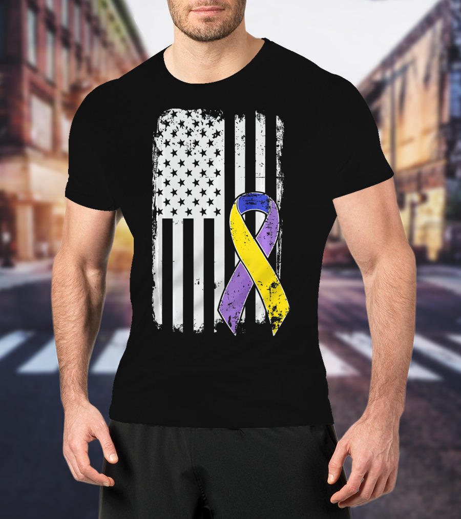 Bladder Cancer Awareness Distressed American Flag Purple Gold T-Shirt