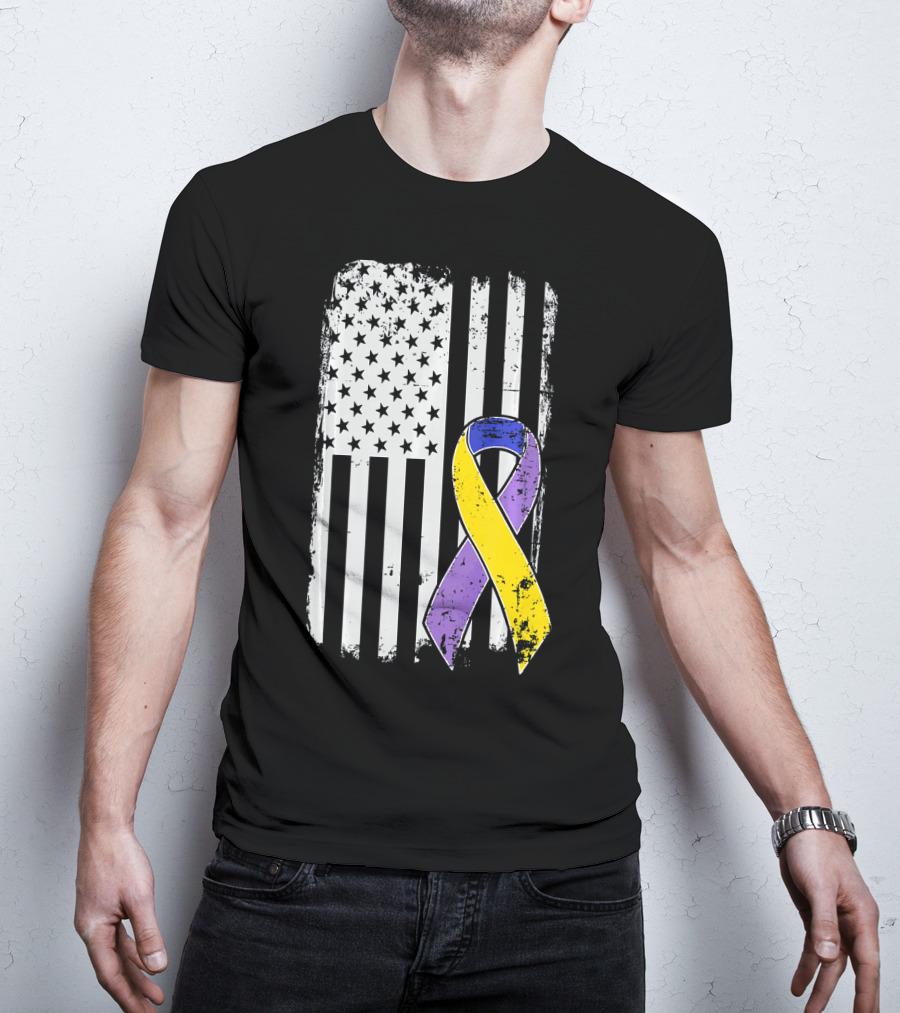 Bladder Cancer Awareness Distressed American Flag Purple Gold T-Shirt