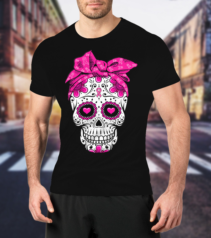 Sugar Skull With Pink Bow And Breast Cancer T-Shirt