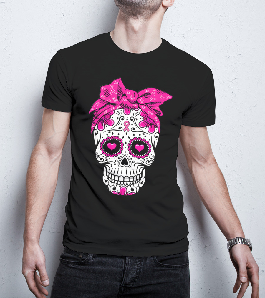 Sugar Skull With Pink Bow And Breast Cancer T-Shirt