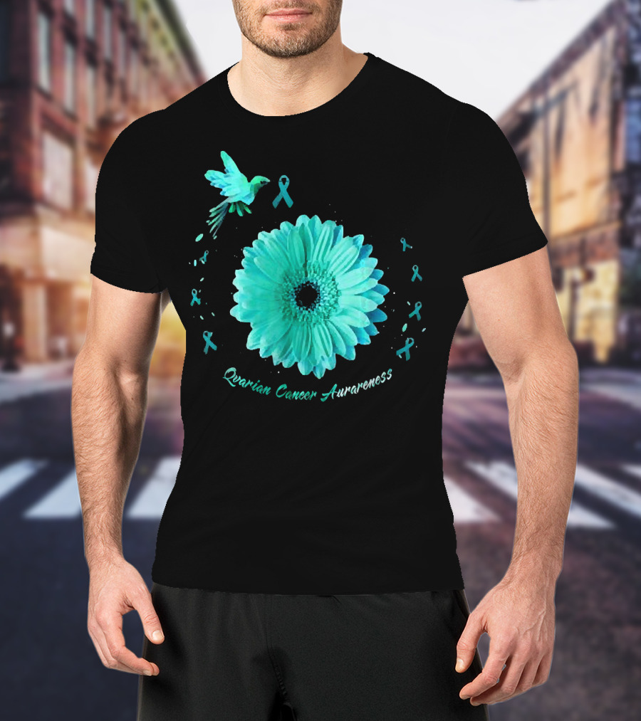 Teal Daisy Bird Ribbon Ovarian Cancer Awareness T-Shirt