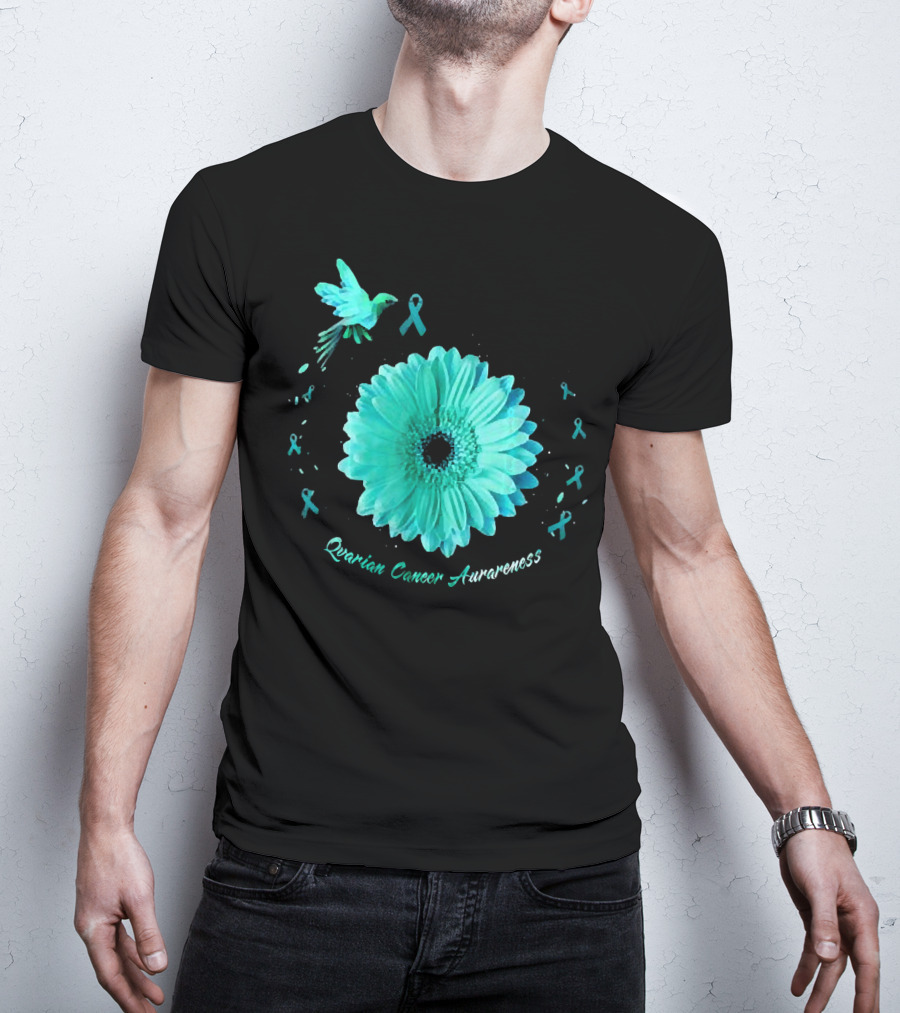 Teal Daisy Bird Ribbon Ovarian Cancer Awareness T-Shirt