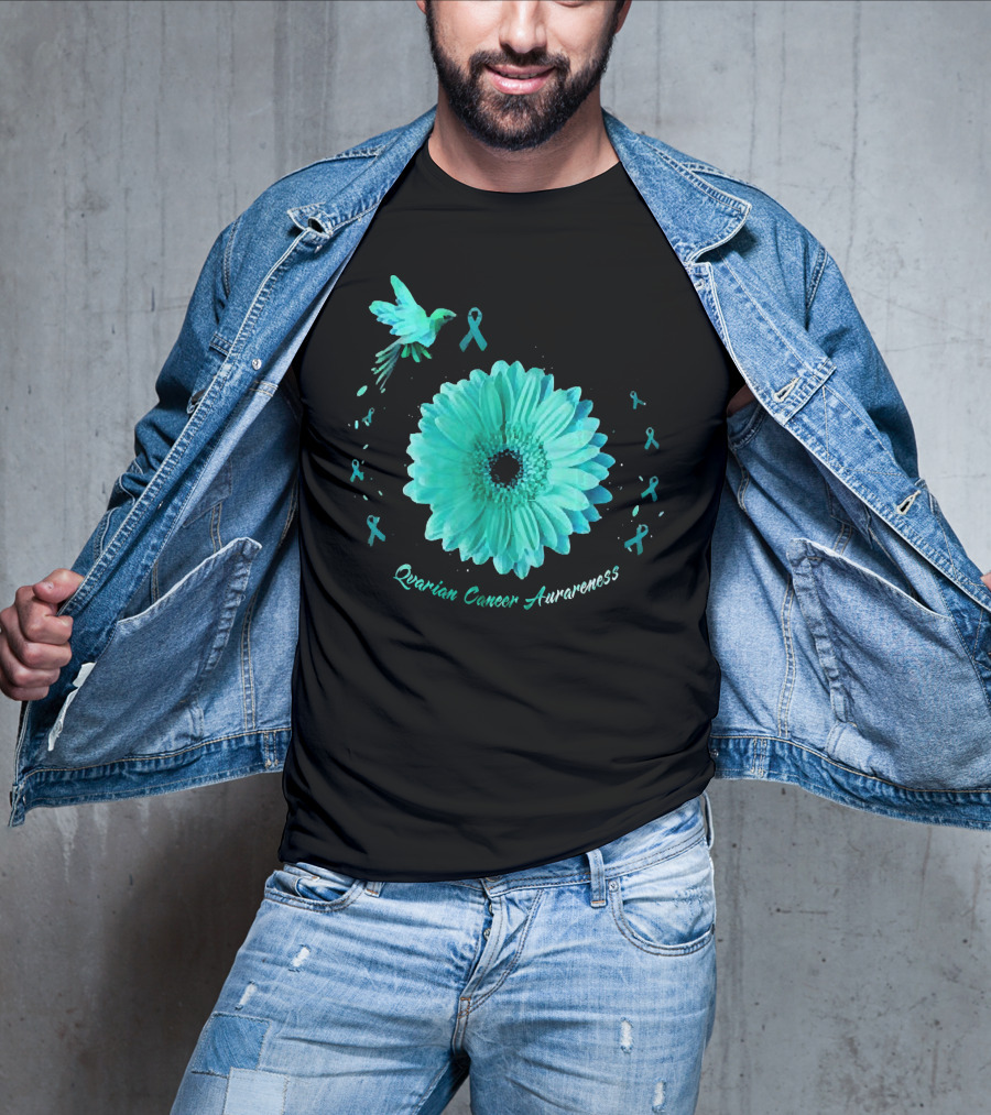 Teal Daisy Bird Ribbon Ovarian Cancer Awareness T-Shirt