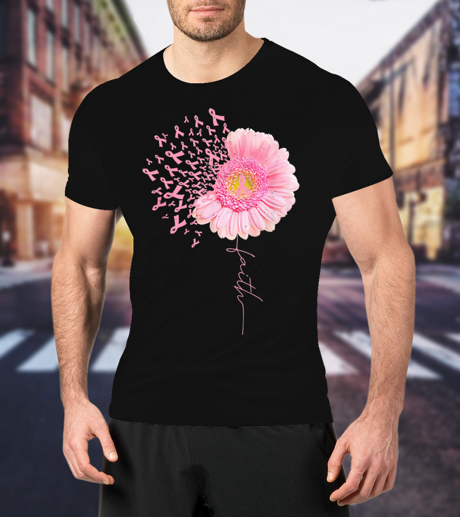 Faith Pink Ribbon Daisy Flower Breast Cancer Awareness T-Shirt
