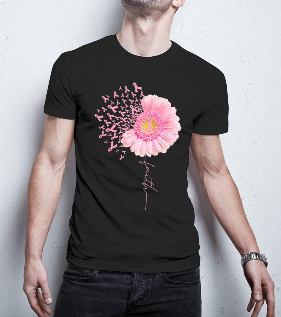 Faith Pink Ribbon Daisy Flower Breast Cancer Awareness T-Shirt