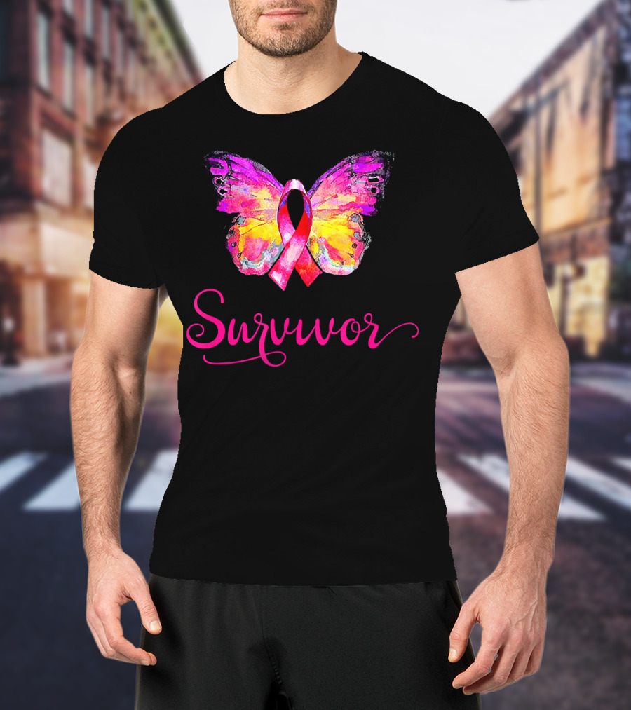 Survivor Butterfly Pink Ribbon Breast Cancer Awareness T-Shirt