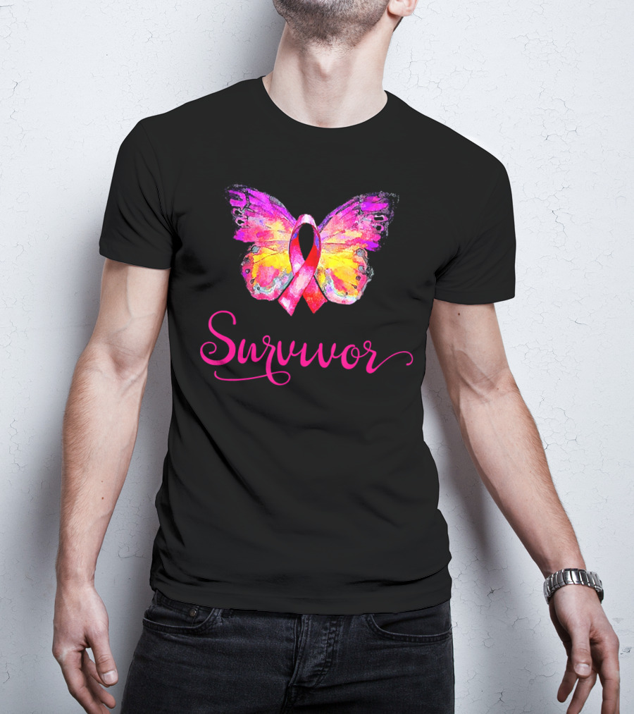 Survivor Butterfly Pink Ribbon Breast Cancer Awareness T-Shirt