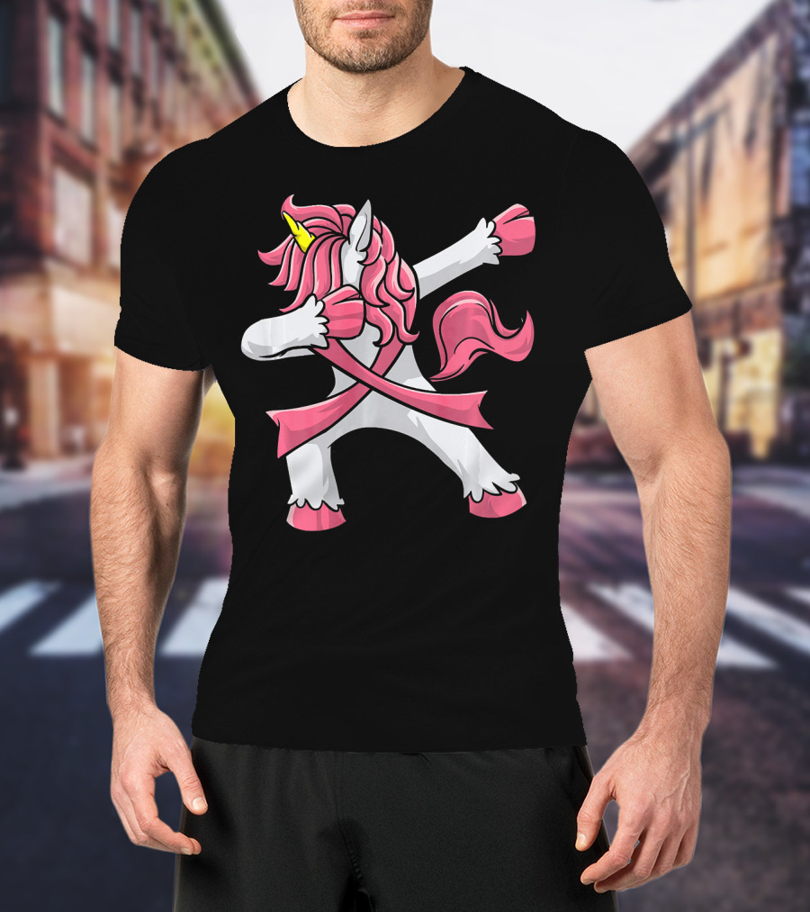 Pink Ribbon Dabbing Unicorn Breast Cancer Awareness T-Shirt