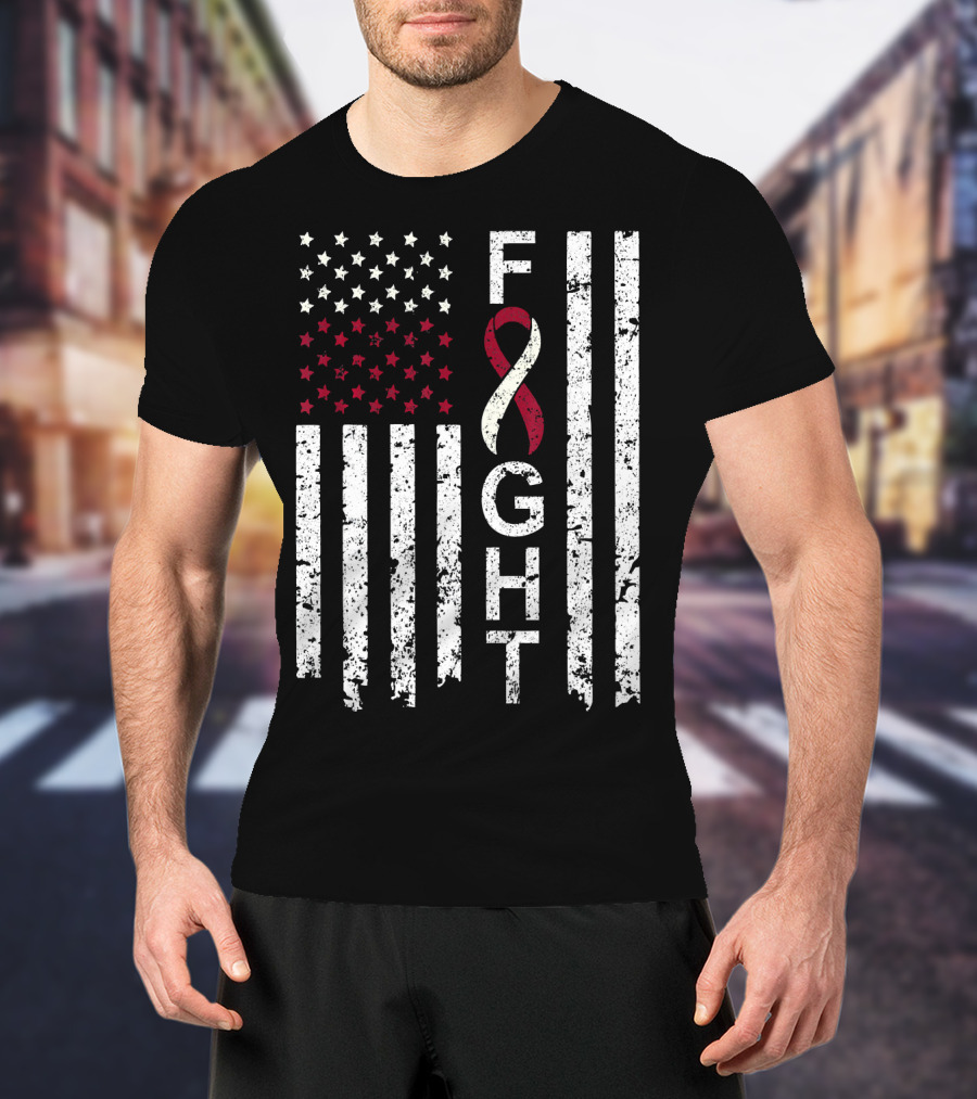 Head And Neck Cancer Awareness Fight Ribbon American Flag T-Shirt