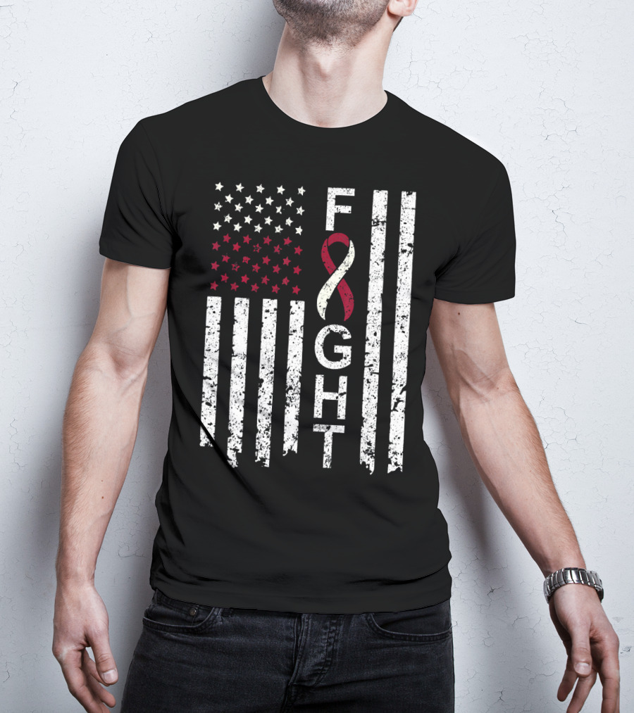 Head And Neck Cancer Awareness Fight Ribbon American Flag T-Shirt
