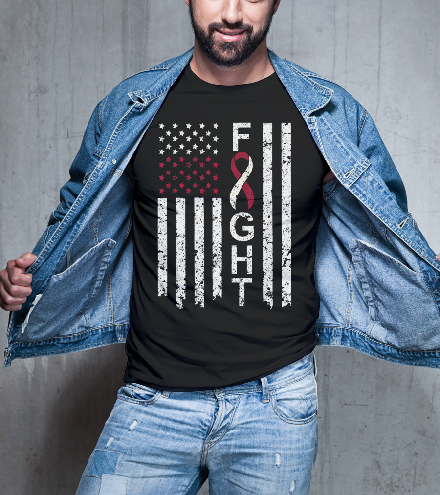 Head And Neck Cancer Awareness Fight Ribbon American Flag T-Shirt