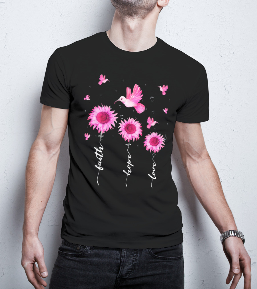 Hummingbird Daisy Faith Hope Love Pink Ribbon Breast Cancer Awareness T-Shirt