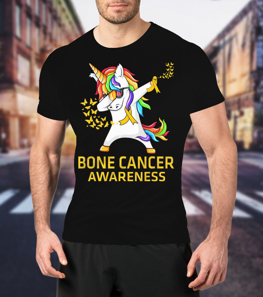 Bone Cancer Awareness Unicorn Dab With Yellow Ribbon Butterflies T-Shirt