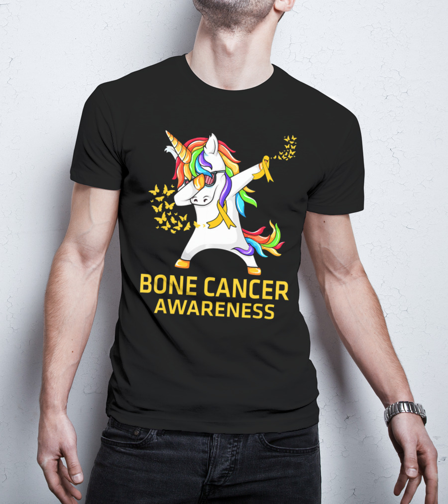 Bone Cancer Awareness Unicorn Dab With Yellow Ribbon Butterflies T-Shirt