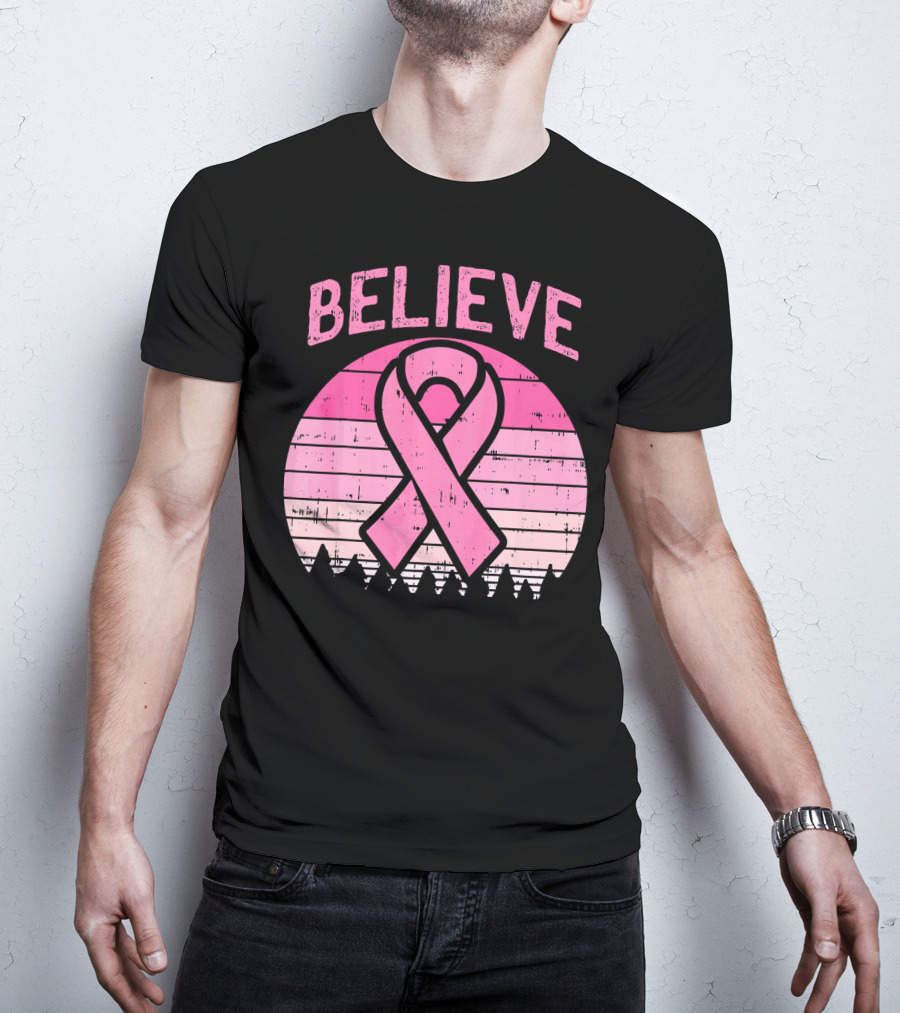 Believe Retro Sunset Pink Ribbon Breast Cancer Awareness T-Shirt