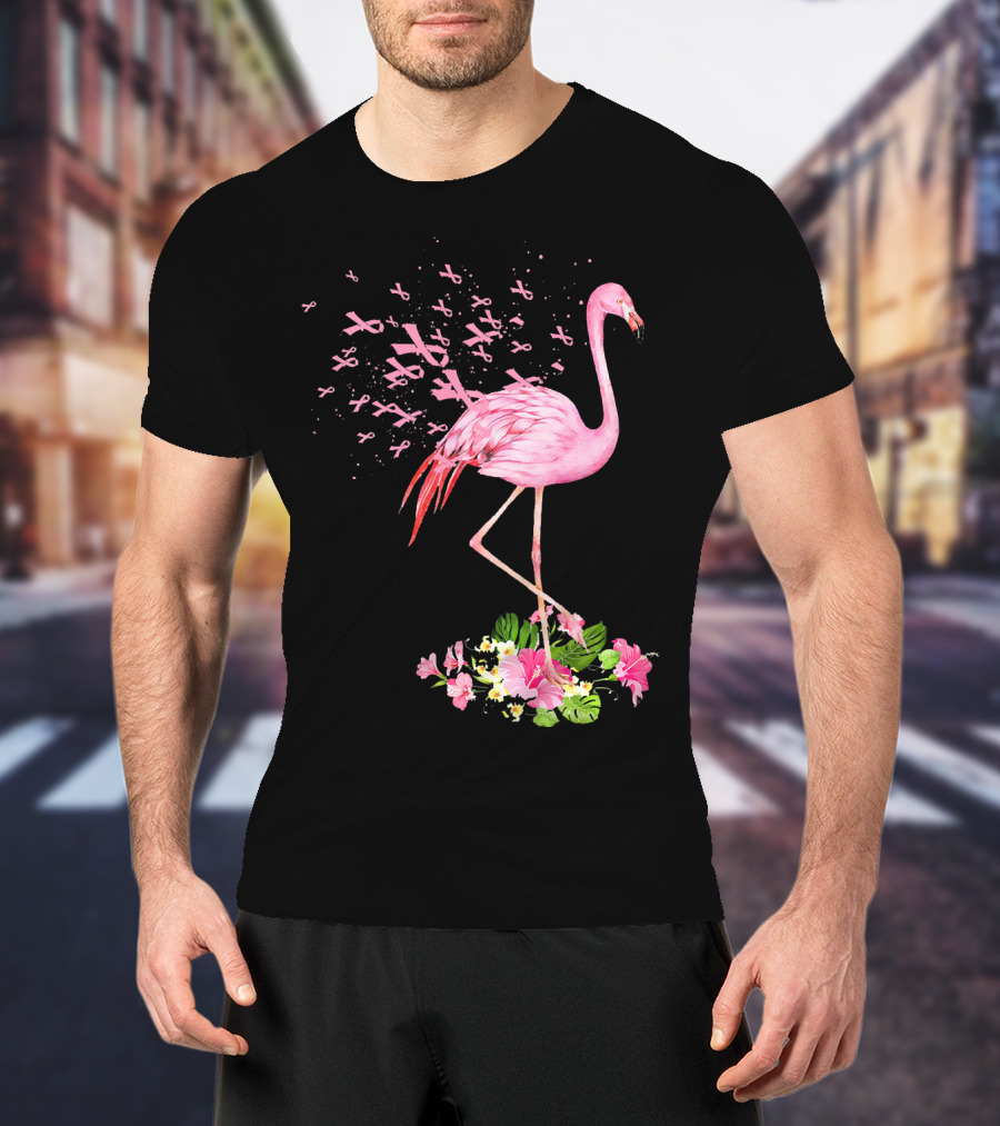 Flamingo With Pink Breast Cancer Ribbons And Floral Accents T-Shirt