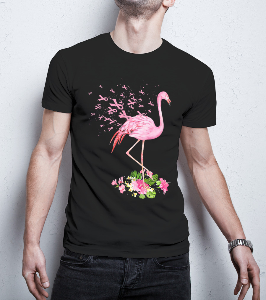 Flamingo With Pink Breast Cancer Ribbons And Floral Accents T-Shirt