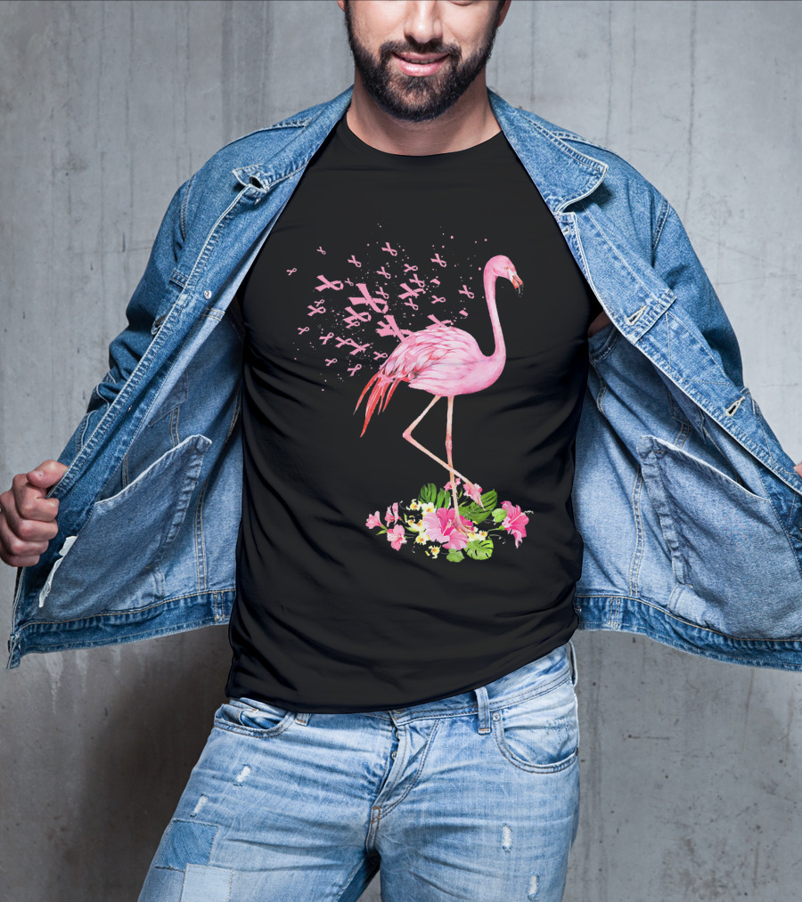 Flamingo With Pink Breast Cancer Ribbons And Floral Accents T-Shirt