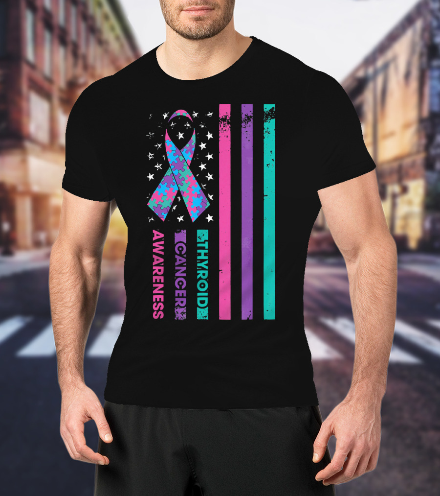 Thyroid Cancer Awareness Puzzle Ribbon Flag Stars Stripes T-Shirt