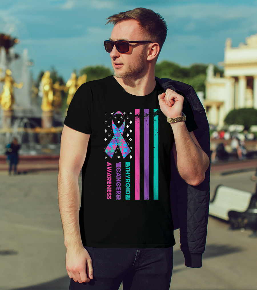 Thyroid Cancer Awareness Puzzle Ribbon Flag Stars Stripes T-Shirt