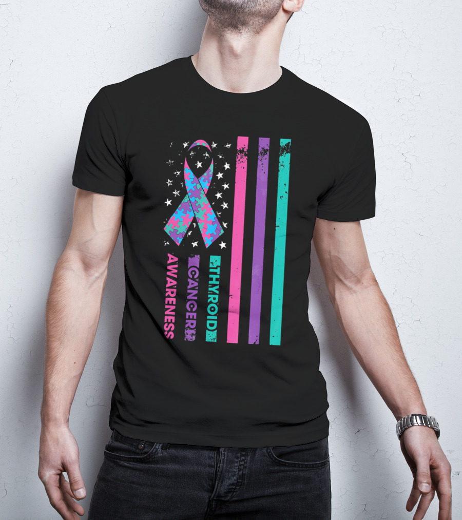 Thyroid Cancer Awareness Puzzle Ribbon Flag Stars Stripes T-Shirt