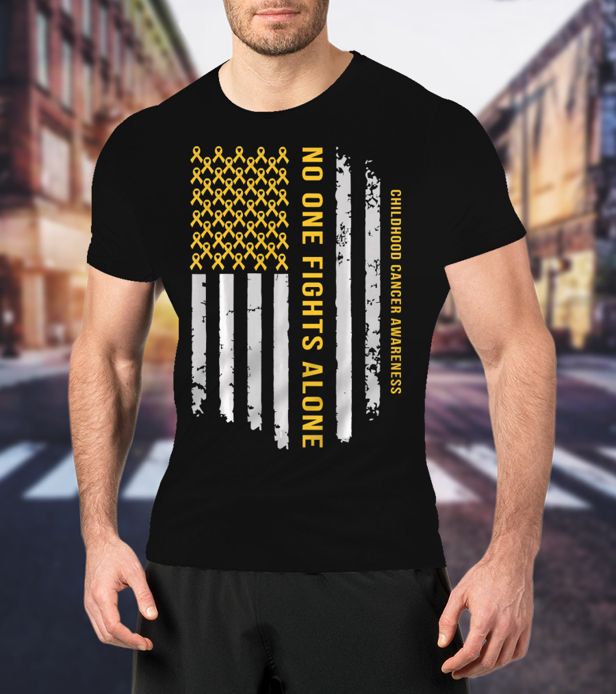 No One Fights Alone Childhood Cancer Awareness American Flag T-Shirt