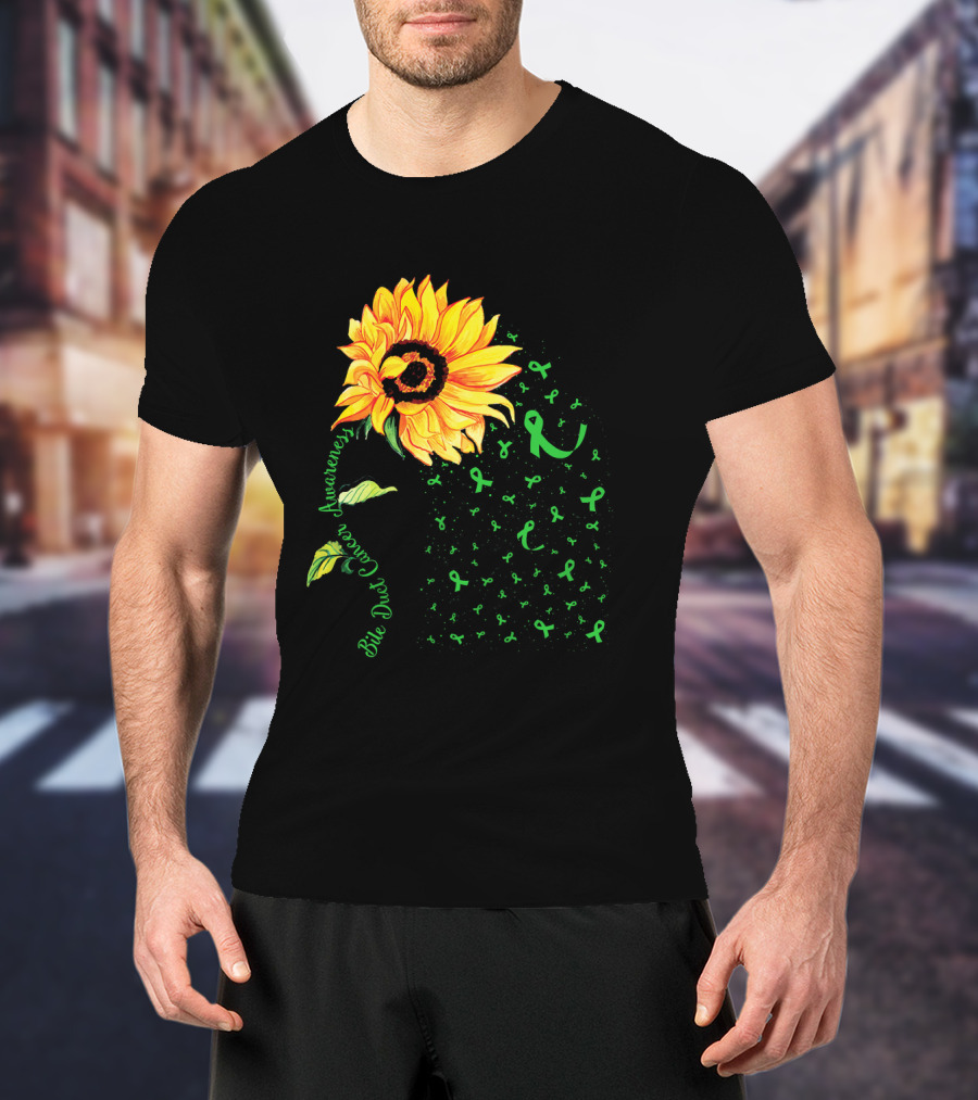 Sunflower Bile Duct Cancer Awareness Ribbon Green T-Shirt