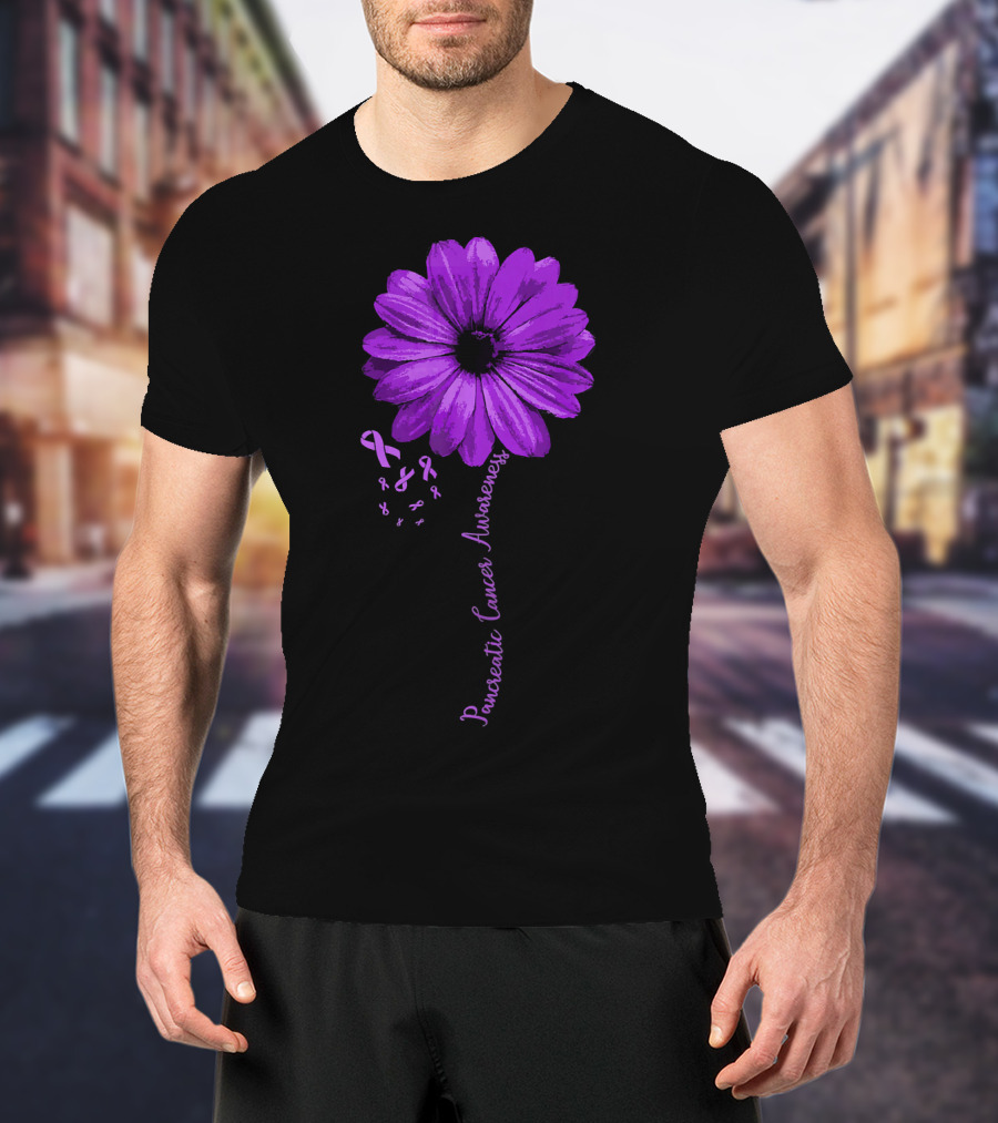 Pancreatic Cancer Awareness Purple Ribbon Purple Flower T-Shirt
