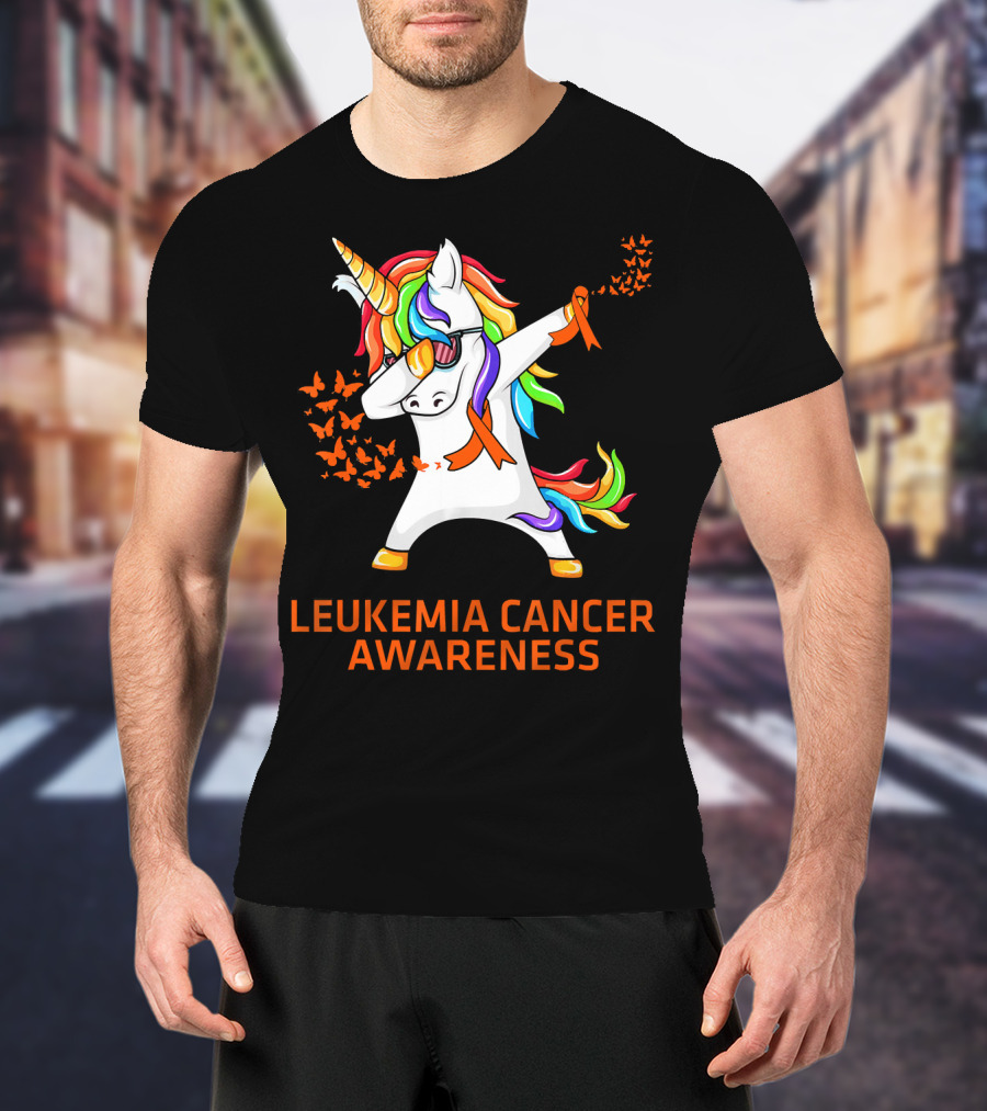 Leukemia Cancer Awareness Unicorn Dabbing With Rainbow Mane And Orange T-Shirt