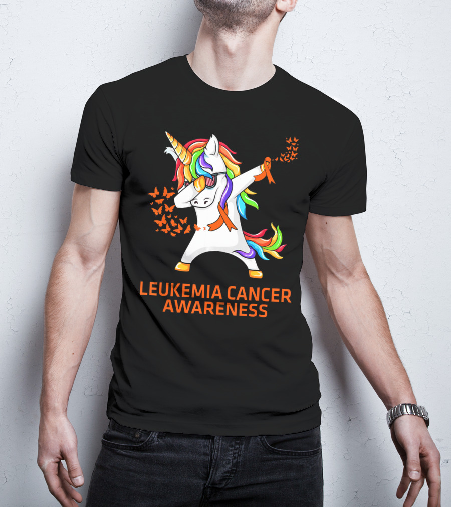 Leukemia Cancer Awareness Unicorn Dabbing With Rainbow Mane And Orange T-Shirt