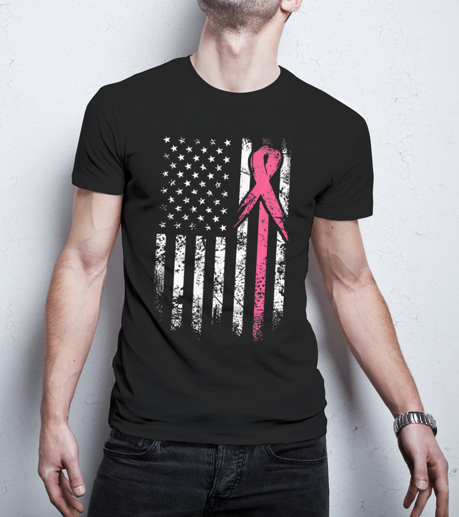 Breast Cancer Awareness American Flag Grunge T-Shirt