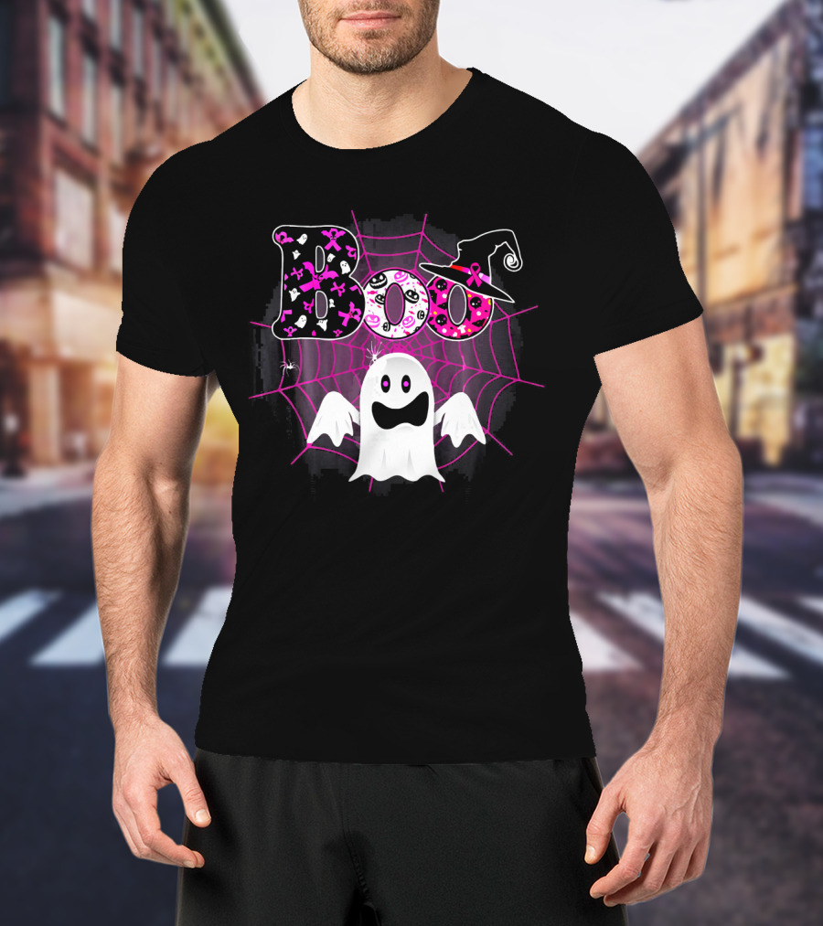 Boo Breast Cancer Awareness Ghost With Witch Hat And Pink Ribbon Web T-Shirt