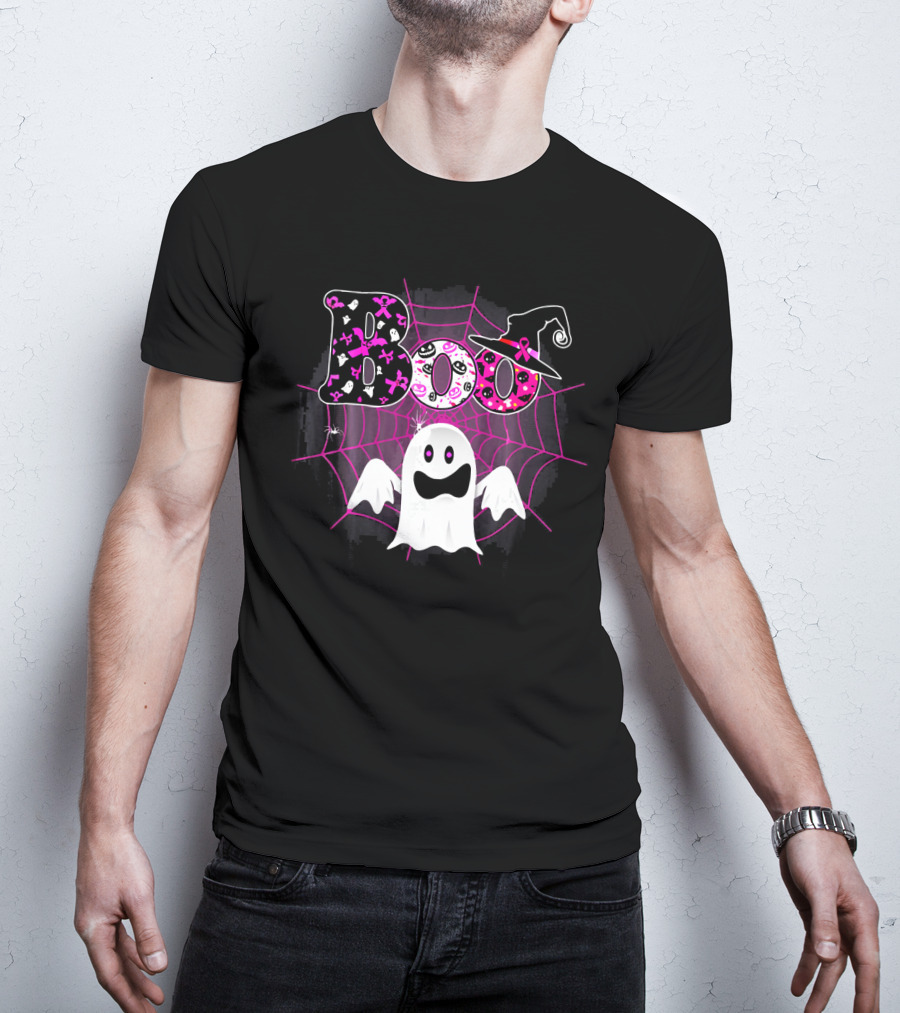 Boo Breast Cancer Awareness Ghost With Witch Hat And Pink Ribbon Web T-Shirt