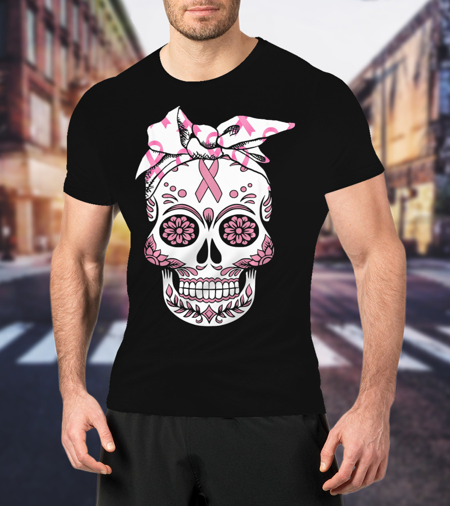 Day Of The Dead Skull With Pink Ribbon For Breast Cancer Awareness T-Shirt