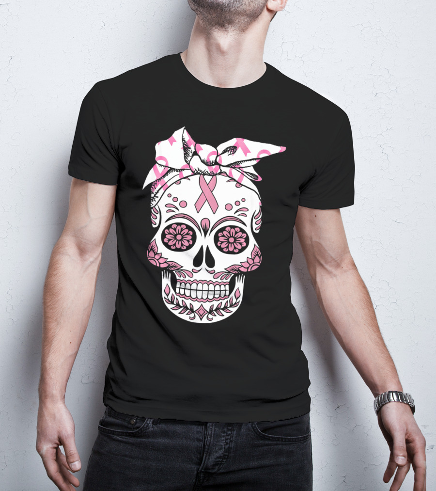 Day Of The Dead Skull With Pink Ribbon For Breast Cancer Awareness T-Shirt